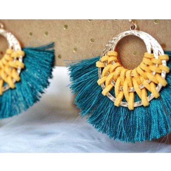 NEW! Emerald Mustard Hoop Tassel Hoop Earrings - Picture 5 of 11